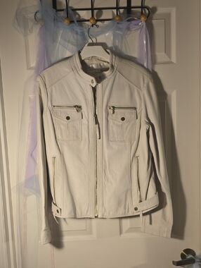 Boston Proper Cream Zip-Front Leather Jacket